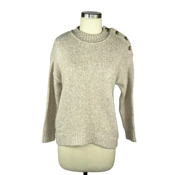 J CREW Button Shoulder Heather Crewneck Tan Sweater Women's Size XS Knit - Picture 2 of 7